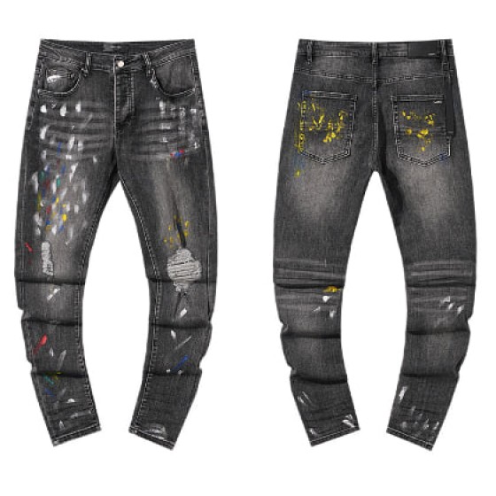 Grey Washed Denim Jeans with Multicolor Paint Splatter and Distressing